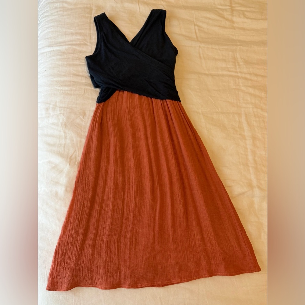 Navy & Rust Two-Tone Dress - Sleeveless Wrap Bodice